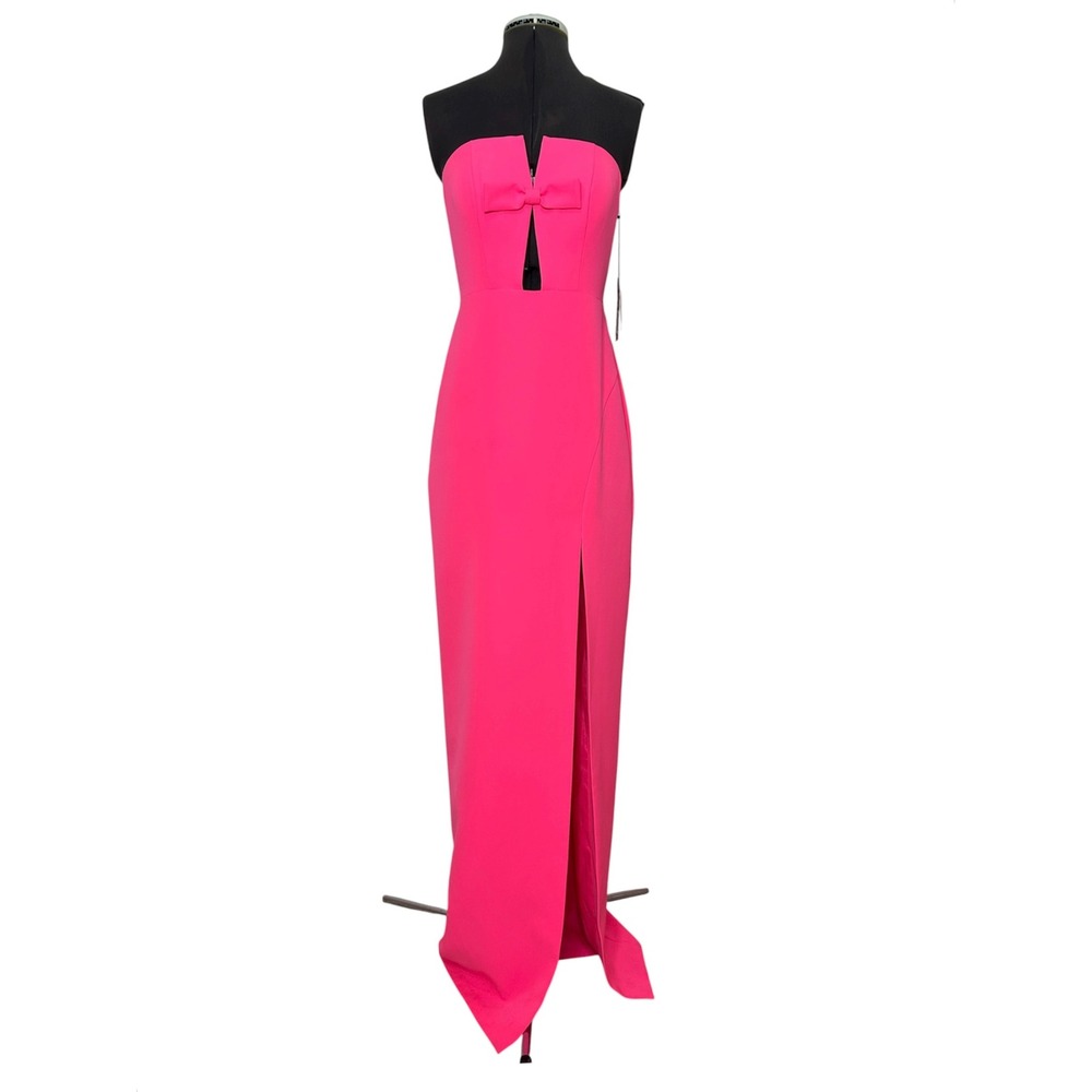 Liv Foster Crepe Hot Pink V-notch Cutout Bow Slit Strapless Column Maxi Dress 2